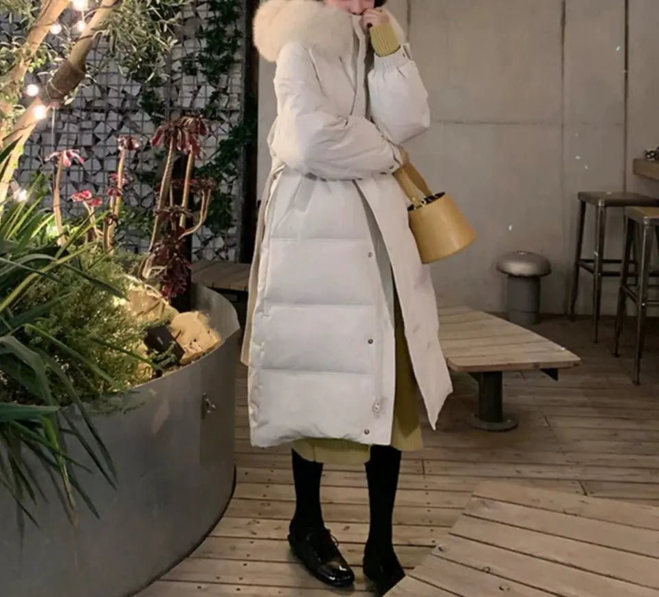 Women's Mid-Length Down Jacket with Large Fur Collar