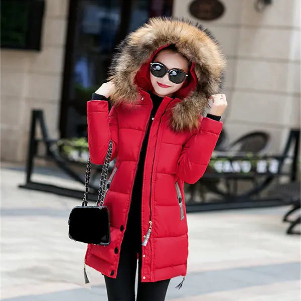 Thick Warm Slim-fit Down Jacket with Hood and Fur Collar