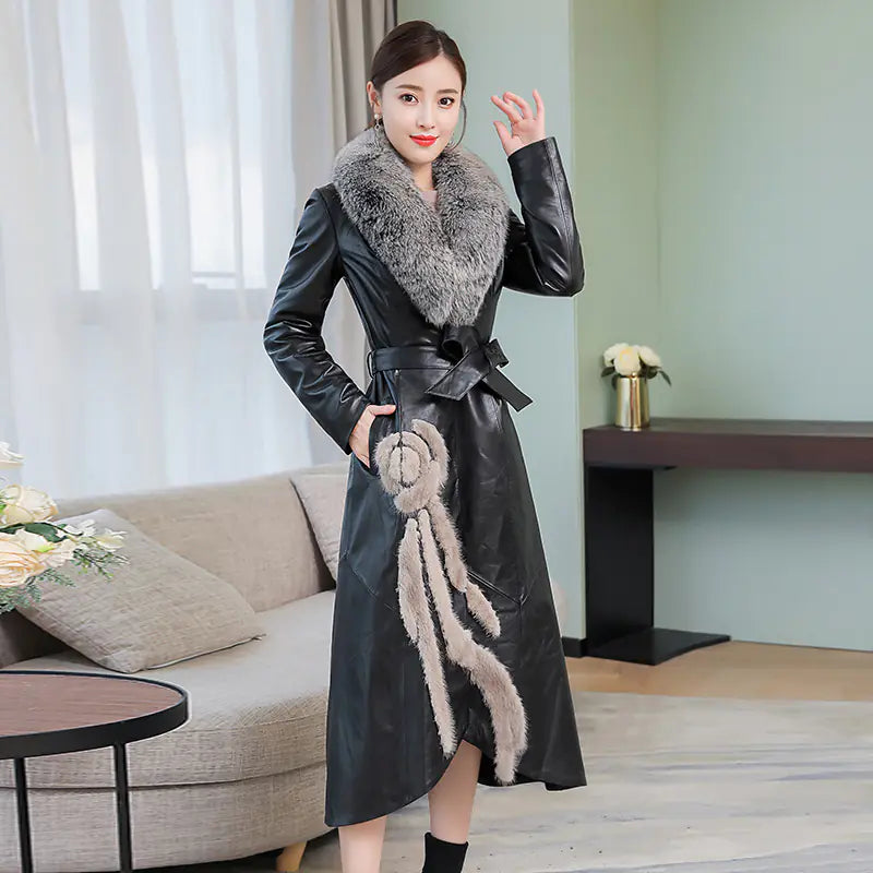 Mid-Length Trench Coat with Fur Leather Down Jacket