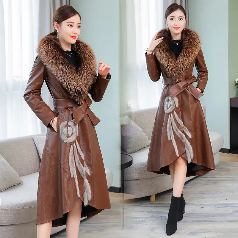 Mid-Length Trench Coat with Fur Leather Down Jacket
