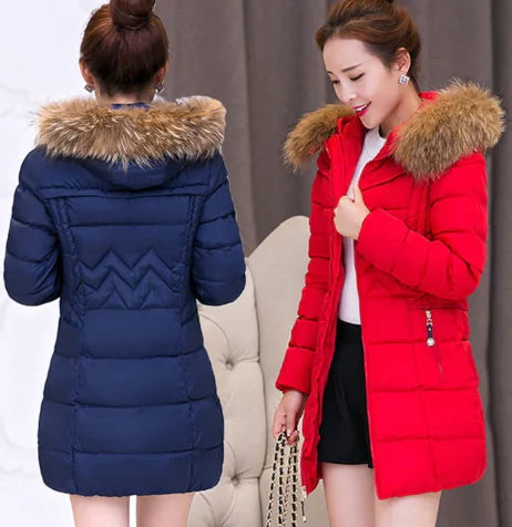 Thick Warm Slim-fit Down Jacket with Hood and Fur Collar