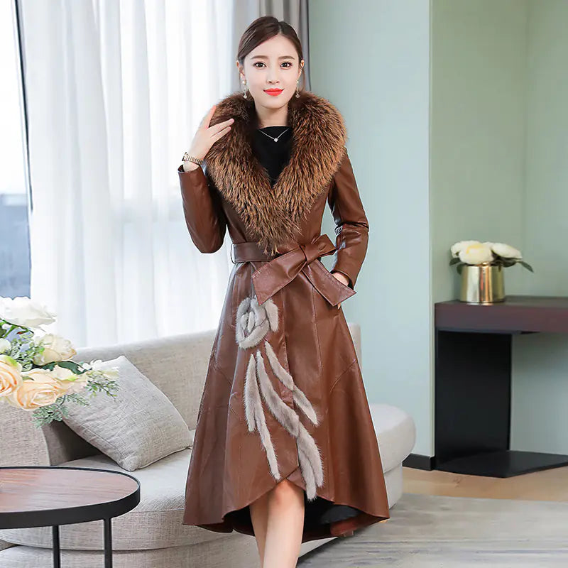 Mid-Length Trench Coat with Fur Leather Down Jacket