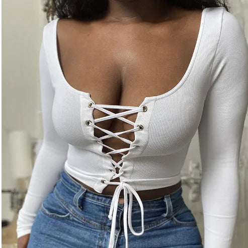 Slim Fit Lace Long Sleeve Cotton T-Shirt for Ladies