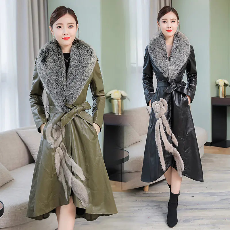 Mid-Length Trench Coat with Fur Leather Down Jacket