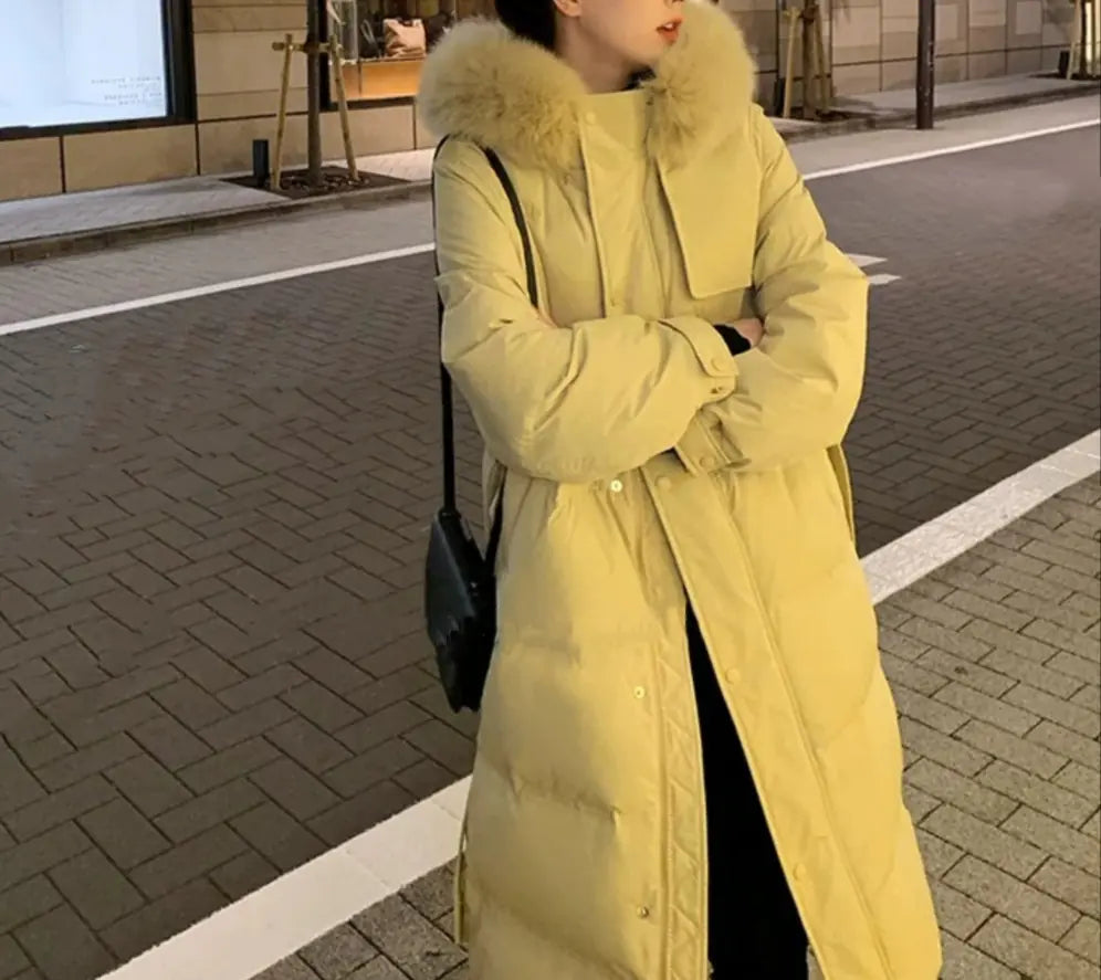 Women's Mid-Length Down Jacket with Large Fur Collar