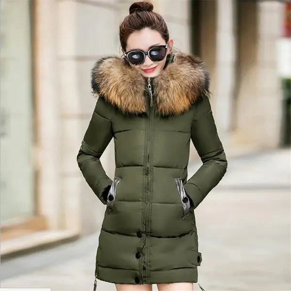 Thick Warm Slim-fit Down Jacket with Hood and Fur Collar