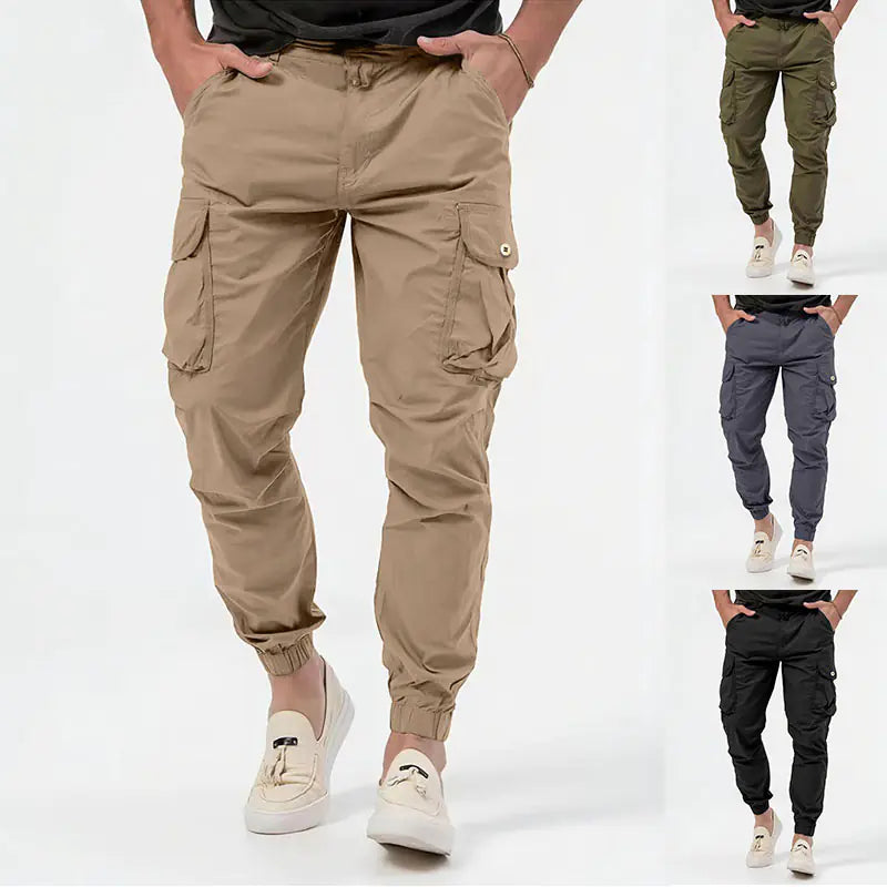 Men's Solid Color Cargo Trousers with 3D Pockets