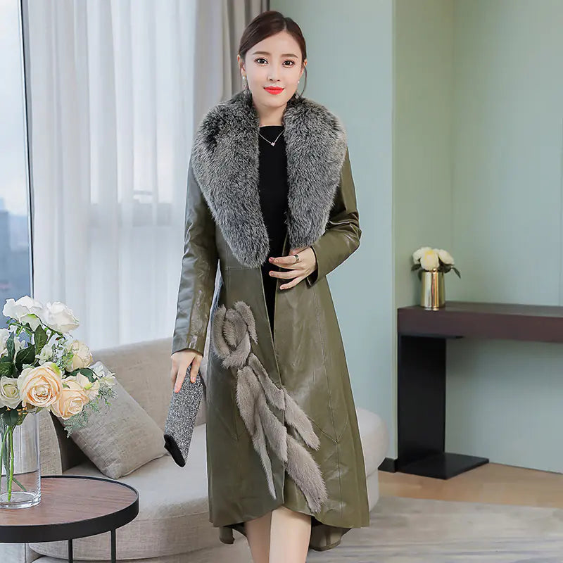 Mid-Length Trench Coat with Fur Leather Down Jacket