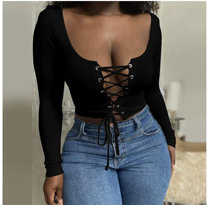 Slim Fit Lace Long Sleeve Cotton T-Shirt for Ladies