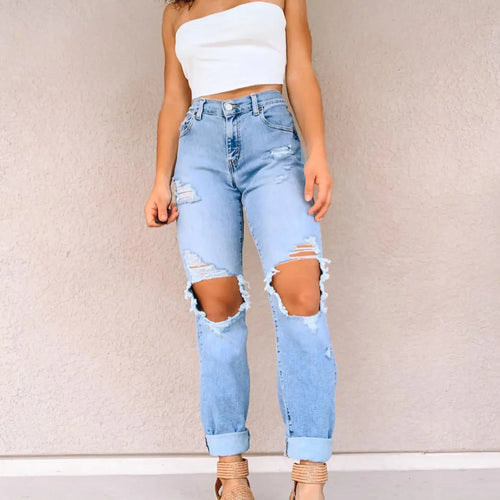 Blue Distressed Raw Hem Straight Jeans with Ripped Pockets