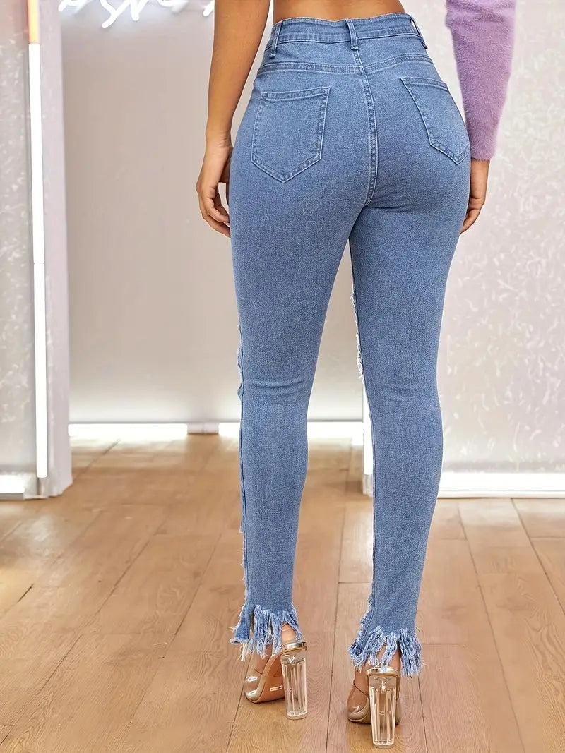 High Waist Blue Raw Hem Skinny Jeans with Ripped Detail