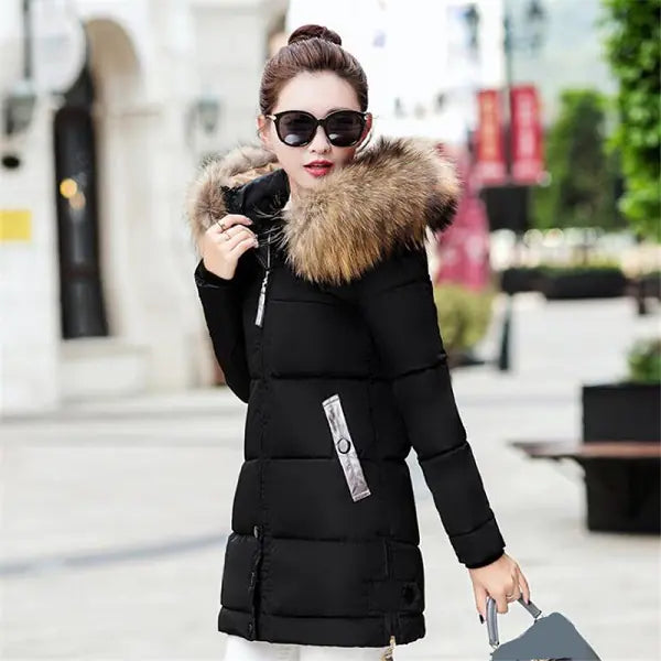 Thick Warm Slim-fit Down Jacket with Hood and Fur Collar