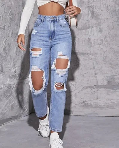 Blue Distressed Raw Hem Straight Jeans with Ripped Pockets