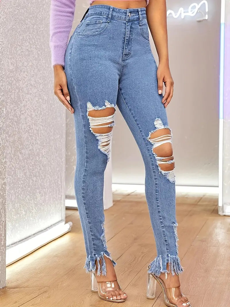 High Waist Blue Raw Hem Skinny Jeans with Ripped Detail