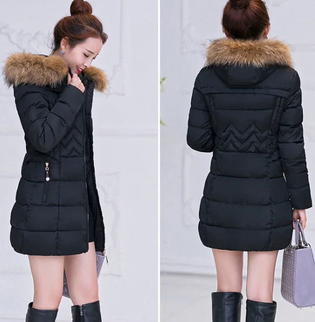 Thick Warm Slim-fit Down Jacket with Hood and Fur Collar