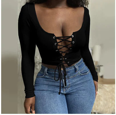 Slim Fit Lace Long Sleeve Cotton T-Shirt for Ladies