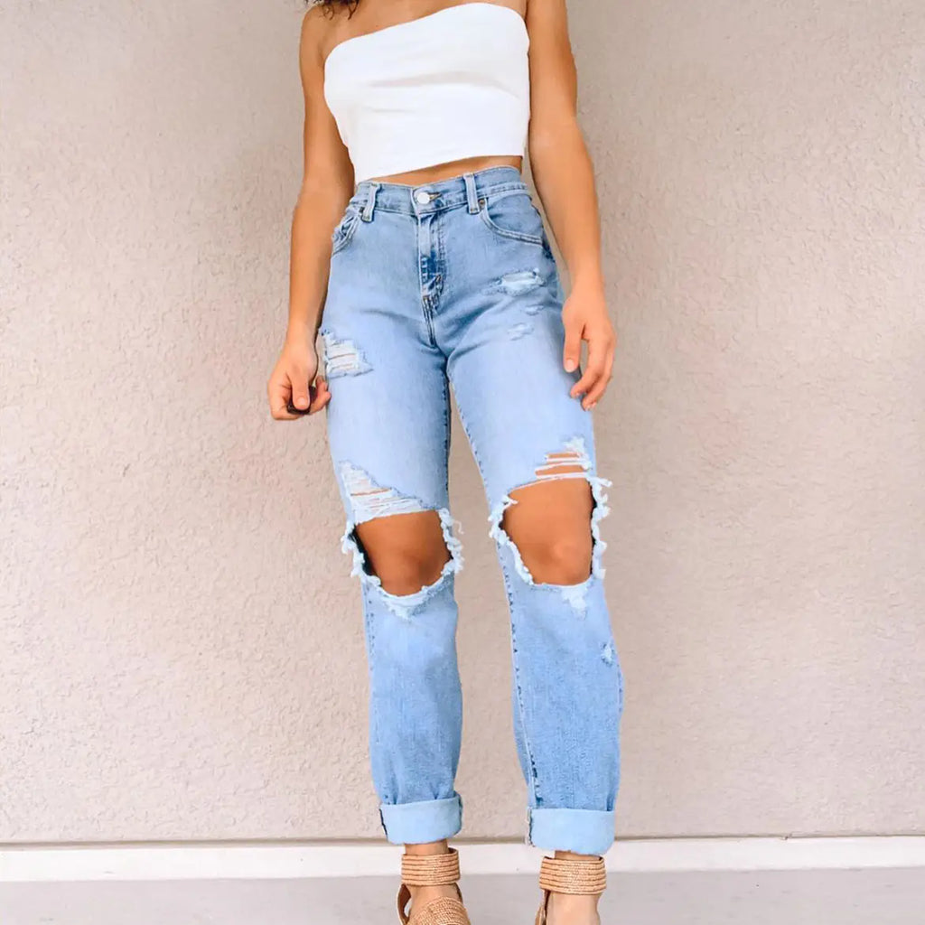 Blue Distressed Raw Hem Straight Jeans with Ripped Pockets