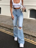 Blue Raw Hem Flared Ripped High Waist Denim Jeans