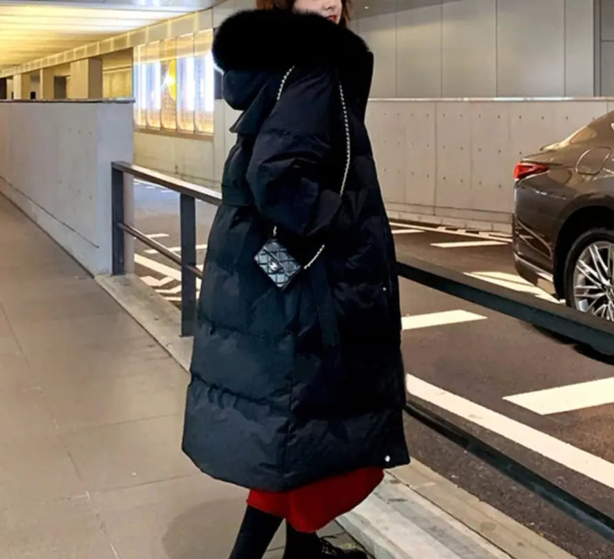 Women's Mid-Length Down Jacket with Large Fur Collar